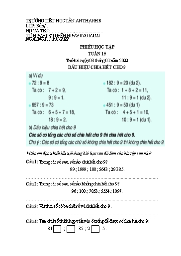Phiếu học tập môn Toán Lớp 4 - Tuần 15 - Năm học 2021-2022 - Trường Tiểu học Tân An Thạnh B