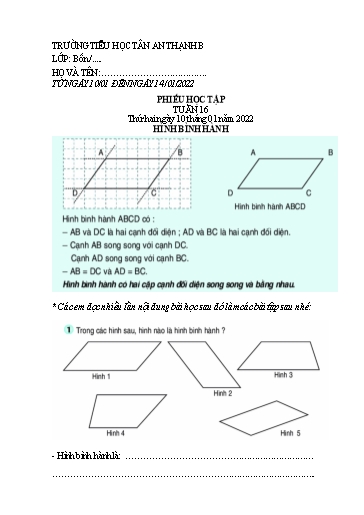 Phiếu học tập môn Toán Lớp 4 - Tuần 16 - Năm học 2021-2022 - Trường Tiểu học Tân An Thạnh B