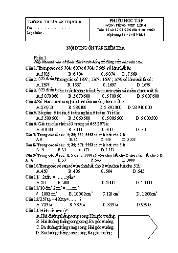 Phiếu học tập môn Toán Lớp 4 - Tuần 17 - Năm học 2021-2022 - Trường Tiểu học Tân An Thạnh B