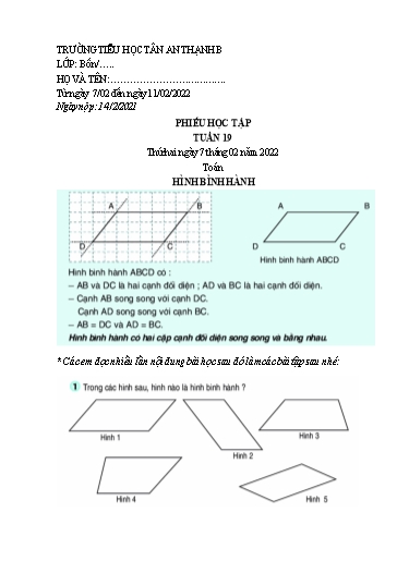 Phiếu học tập môn Toán Lớp 4 - Tuần 19 - Năm học 2021-2022 - Trường Tiểu học Tân An Thạnh B