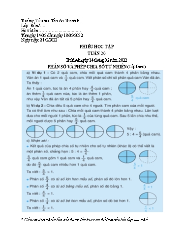 Phiếu học tập môn Toán Lớp 4 - Tuần 20 - Năm học 2021-2022 - Trường Tiểu học Tân An Thạnh B