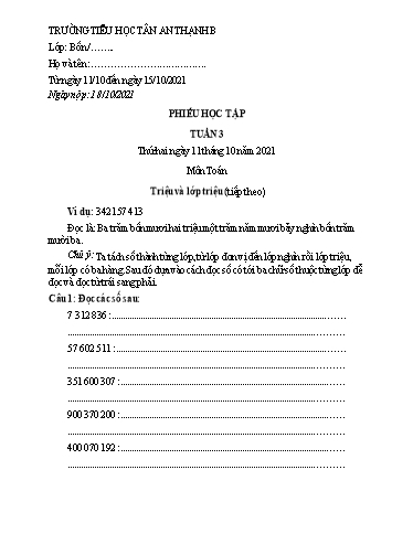 Phiếu học tập môn Toán Lớp 4 - Tuần 3 - Năm học 2021-2022 - Trường Tiểu học Tân An Thạnh B