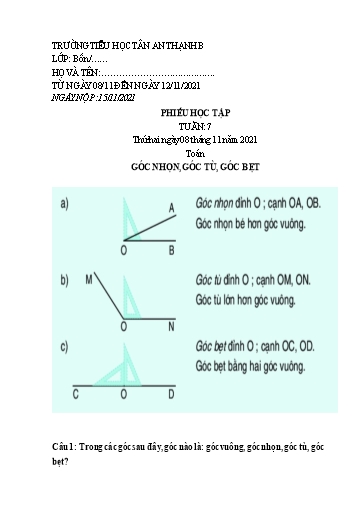 Phiếu học tập môn Toán Lớp 4 - Tuần 7 - Năm học 2021-2022 - Trường Tiểu học Tân An Thạnh B