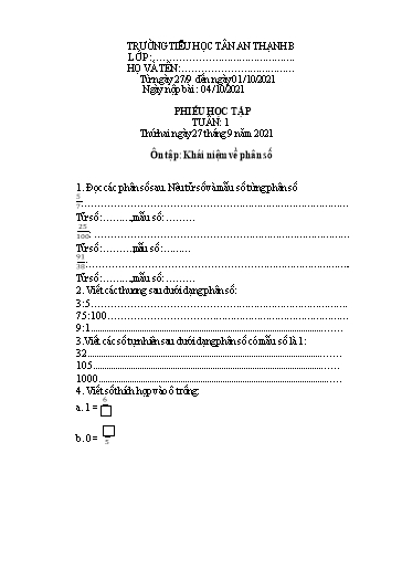 Phiếu học tập môn Toán Lớp 5 - Tuần 1 - Năm học 2021-2022 - Trần Trung Nguyên