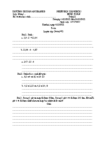 Phiếu học tập môn Toán Lớp 5 - Tuần 11 - Năm học 2021-2022 - Trường Tiểu học Tân An Thạnh B