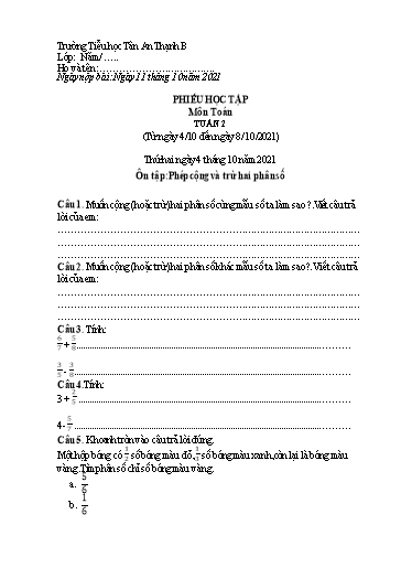 Phiếu học tập môn Toán Lớp 5 - Tuần 2 - Năm học 2021-2022 - Trường Tiểu học Tân An Thạnh B