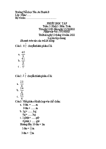 Phiếu học tập môn Toán Lớp 5 - Tuần 3 - Năm học 2021-2022 - Trường Tiểu học Tân An Thạnh B