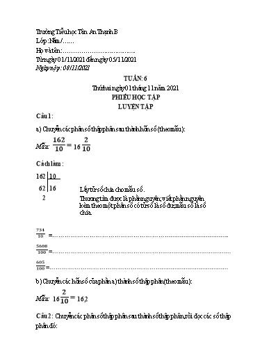 Phiếu học tập môn Toán Lớp 5 - Tuần 6 - Năm học 2021-2022 - Trường Tiểu học Tân An Thạnh B