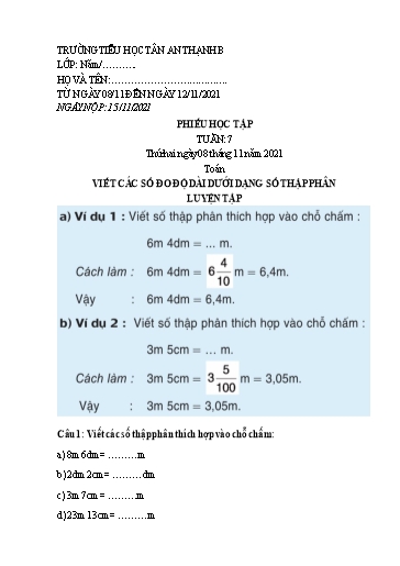 Phiếu học tập môn Toán Lớp 5 - Tuần 7 - Năm học 2021-2022 - Trường Tiểu học Tân An Thạnh B