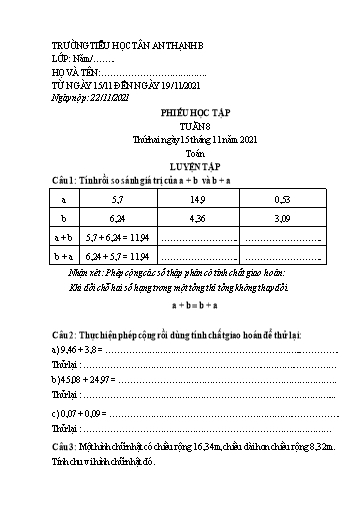 Phiếu học tập môn Toán Lớp 5 - Tuần 8 - Năm học 2021-2022 - Trường Tiểu học Tân An Thạnh B